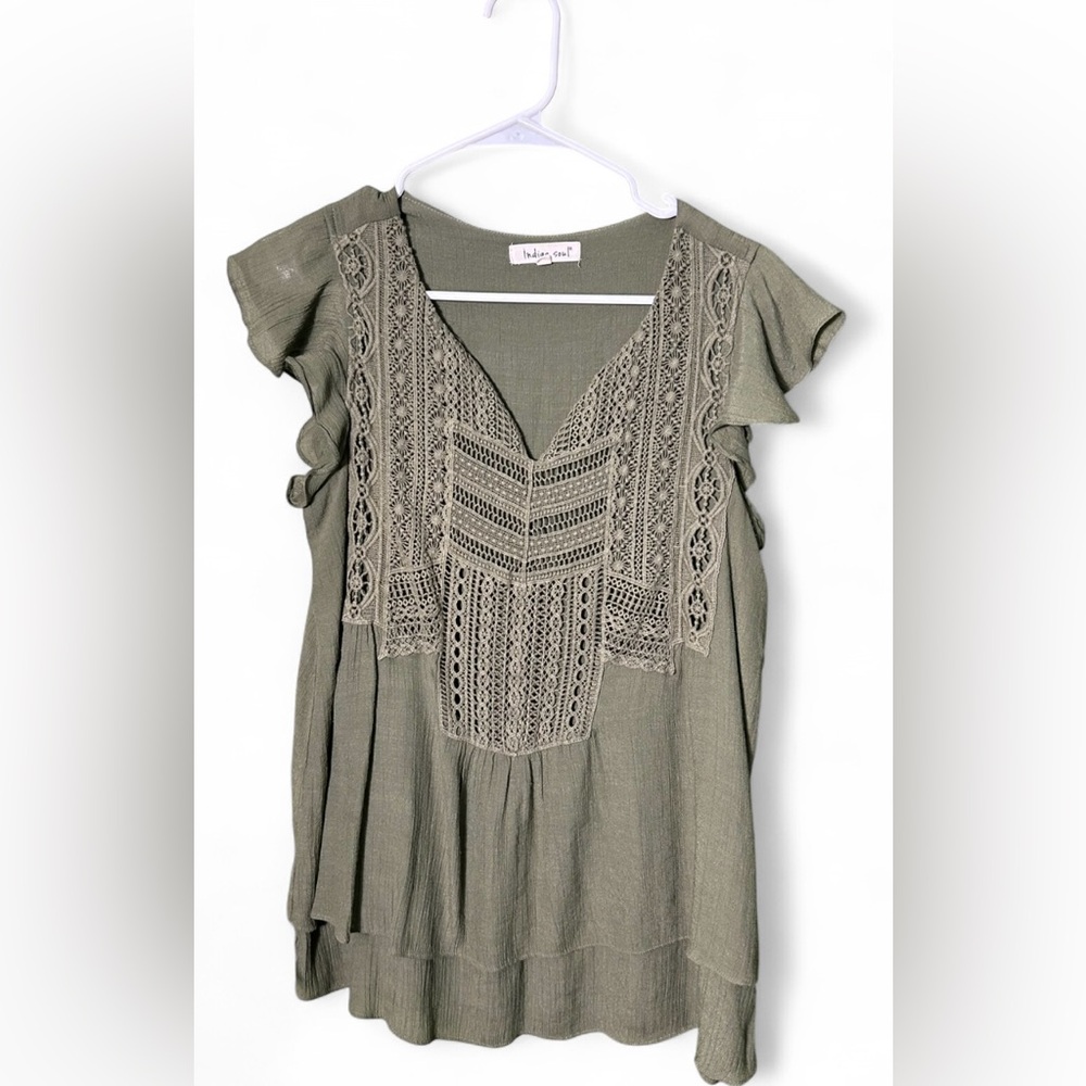 5/$25 indigo soul Olive Green Crochet V-Neck Tunic